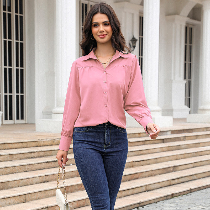 Women's Lantern Sleeve Pleated Solid Color Stand Collar Loose Blouse