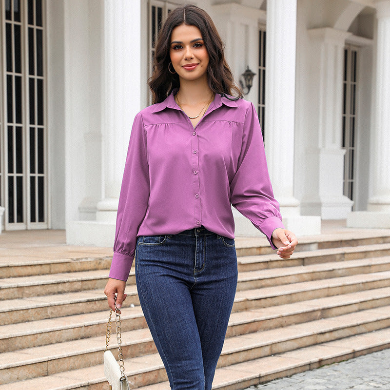 Women's Lantern Sleeve Pleated Solid Color Stand Collar Loose Blouse