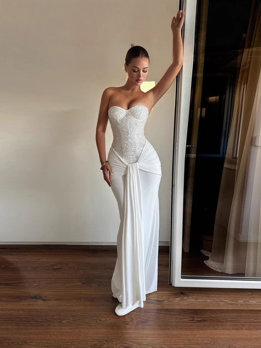 Women's Hot Wrapped Chest Rhinestone High Waist Lace Up Solid Dress