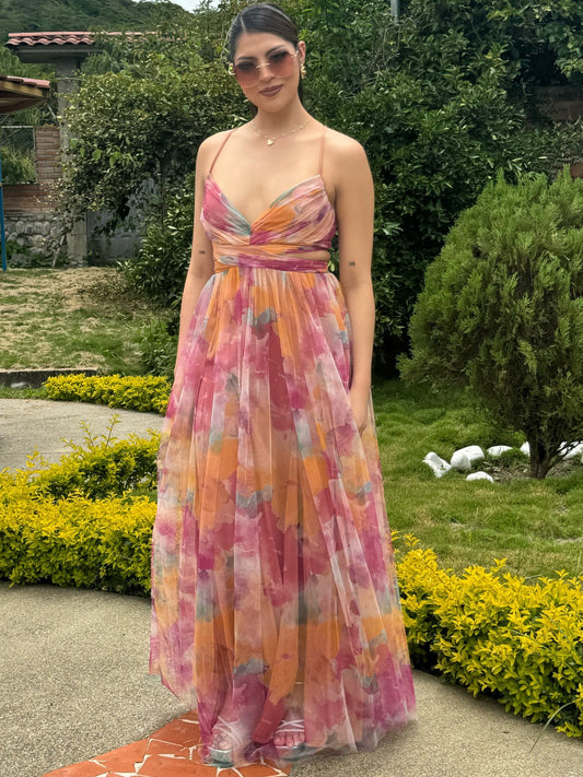 Women's Mesh Floral Print Backless Suspender Light Luxury Temperament Dress