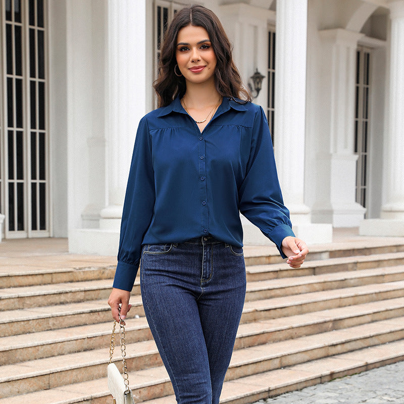 Women's Lantern Sleeve Pleated Solid Color Stand Collar Loose Blouse