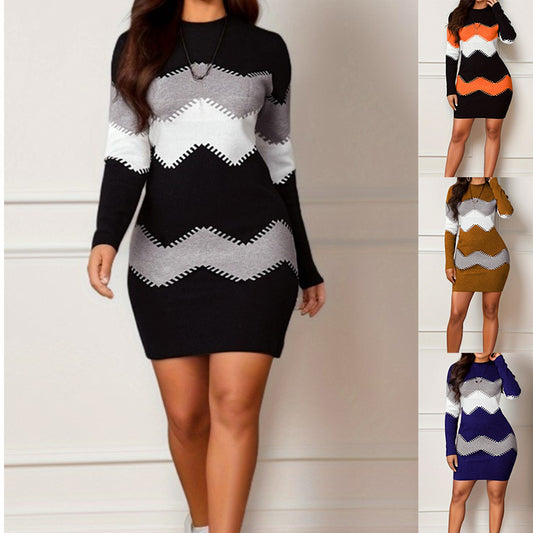 Women's Round Neck Long Sleeve Printed Knitted Dress